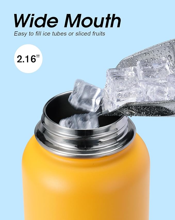 Water Bottle 40 oz Insulated with Straw&Brush, Coolflask Vaccum Stainless Steel Metal 3 Lids Water Flask for Sports, Gym or Office, Keep Cold 48H Hot 24H, Ombre Yellow/Orange