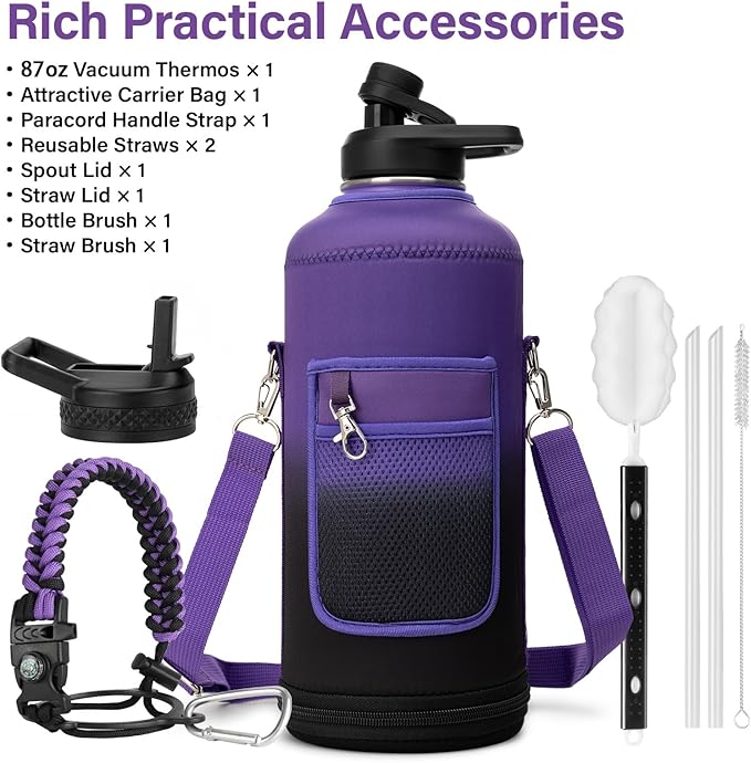 Insulated Water Bottle | Thickened Stainless Steel for Gym and Hiking with Straw, Carrier Bag, Handle Strap | BPA-Free 87 oz