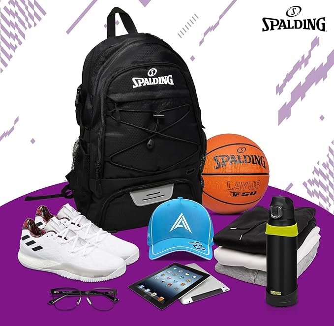 Spalding Basketball Backpack - Black Sports Bag with Ball & Shoe Compartment, Basketball Accessories Bag