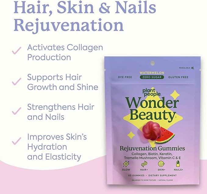 Plant People WonderBeauty Hair, Skin & Nails Rejuvenation Gummies with Tremella Mushroom, Marine Collagen Peptides, Keratin, & Biotin – Watermelon Flavor, 60 Gummies