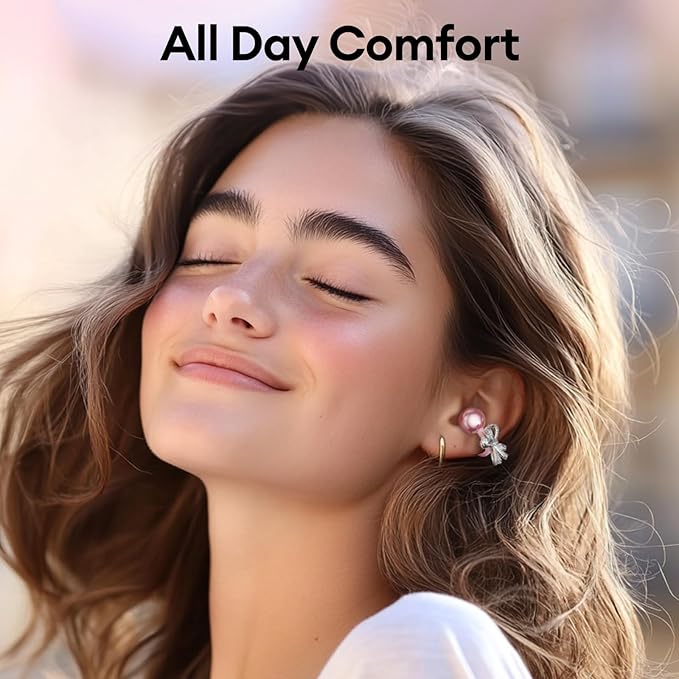 PAXA Stylish Open Ear Clip On Earbuds with Removable Butterfly Earring, Clip On Headphones with LCD Touch Screen, Fashionables Open Ear Headphones for Women, Bow Tie Earring Rose Gold Earbuds