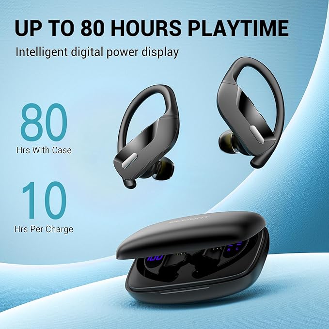 Wireless Sport Earbuds Bluetooth Headphones with Mic 80H Playtime IPX5 Waterproof Ear Buds Deep Bass Earphones Over Ear Headset for Running Gym Workout - Black