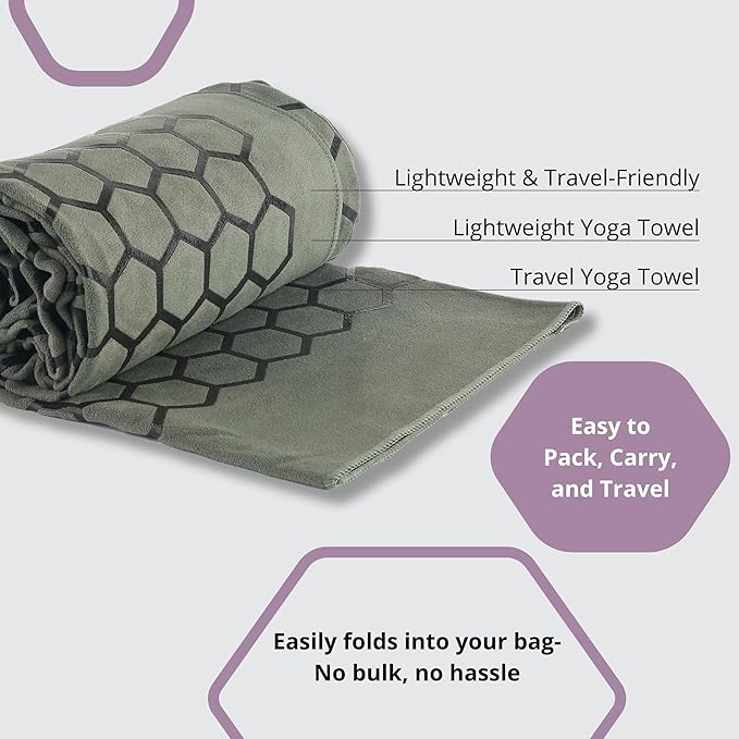 Clever Yoga Non-Slip Hot Yoga Towel – Non-Slip Grip for Hot Yoga, Sweat Absorbent, Honeycomb Silicone Grip, Stays Flat – Ideal for Pilates, Travel, Washable & Lightweight - Olive