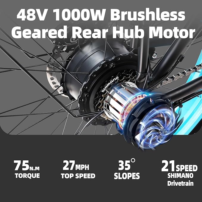 Peak 2000W Electric Bike for Adults 27 MPH 48V15Ah Removable Battery Max 40-80 Miles E Bike 26" Fat Tire Ebike Shamano 21-Speed All Terrain for Mountains Snow Sand Road