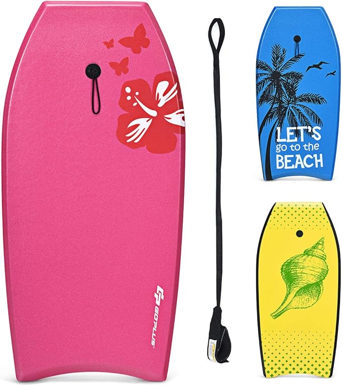 Goplus 41''/37''/33'' Lightweight Body Board for Beach, Surf Board with EPS Core, XPE Deck, HDPE Slick Bottom, Wrist Leash, Bodyboard for Kids Adults Surfing