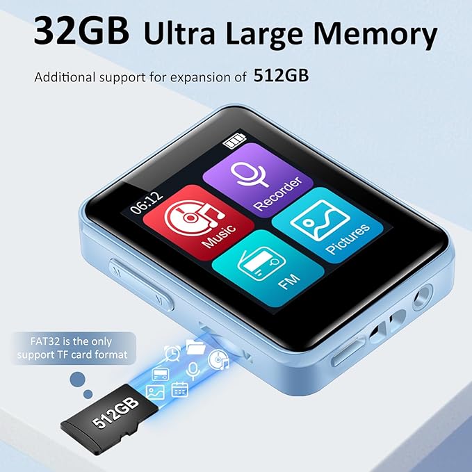 32GB MP3 Player for Kids, 1.8 inch Portable Small Music Bluetooth MP3 Player with Speaker, FM Radio, Voice Recorder, Alarm Clock, Stopwatch, Up to 512GB(Blue)