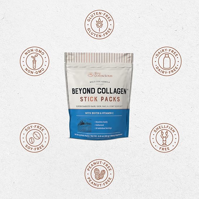 Live Conscious Beyond Collagen Peptides Powder Unflavored Packets - Hydrolyzed Collagen Powder - Hair Skin Nail & Joint Support - Multi Type Collagen Supplements for Women & Men