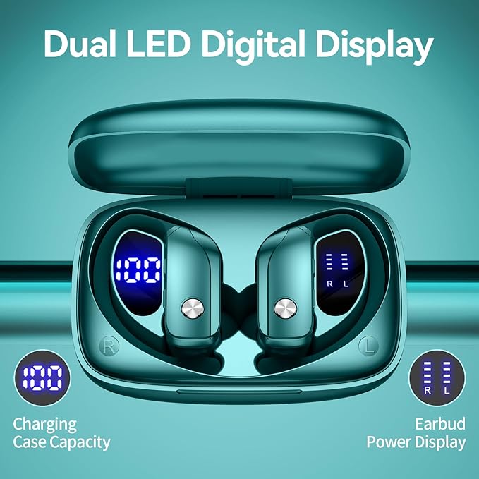 bmani Ear Buds Wireless Earbuds Bluetooth Headphones with 80H Playtime LED Display Case, Over-Ear Hook with Mic, Stereo Sound, Easy Button Controls, Sports Earphones for Running Workout Gym Green