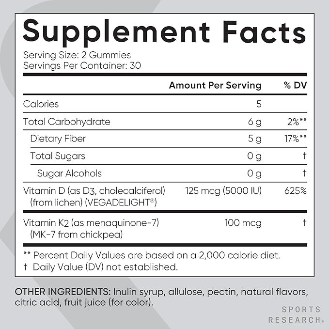 Sports Research® Vegan Vitamin D3 + K2 Gummy Supplements - 5000iu Vitamin D with 100mcg Mk7 Vitamin K - Supports Calcium for Stronger Bones & Immune Health - 60 Gummies for Adults, 1 Month Supply