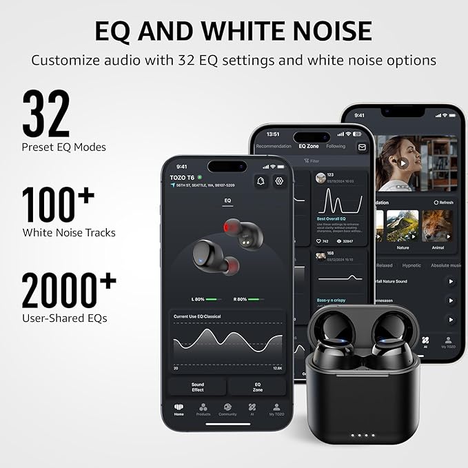 TOZO T6 Wireless Earbuds, IPX8 Waterproof Ear Buds, Stereo Bass Sound Bluetooth 5.3 Headphones in Ear, 50 Hours Playtime Earphones, Wireless Charging Case, Custom 32 EQ via APP