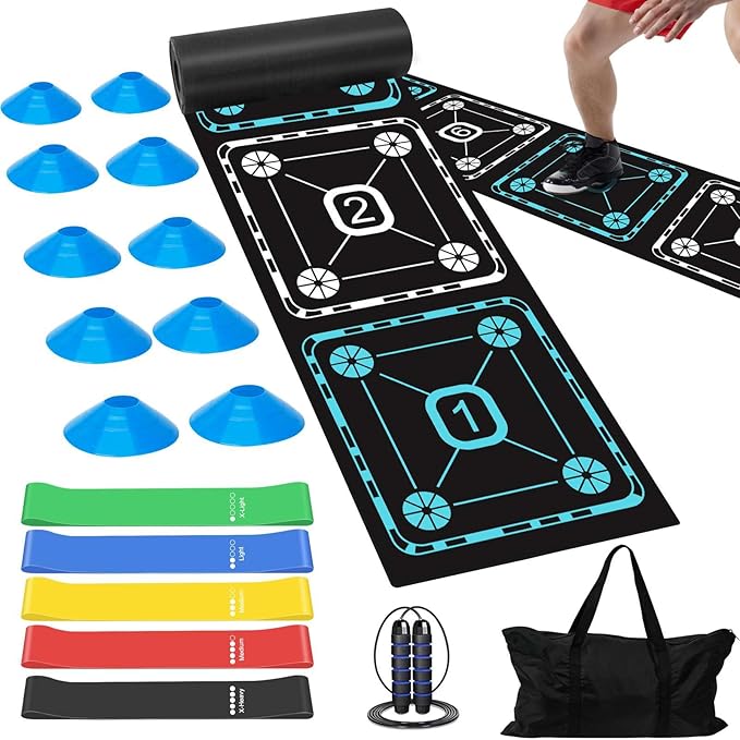 Agility Ladder Speed Training Equipment Set-15ft Non-Slip Agility Training Ladder, 10 Disc Cones, 5 Resistance Bands, Jump Rope, Rubber Ladder Mat for Soccer Footwork Drills Fitness Workouts