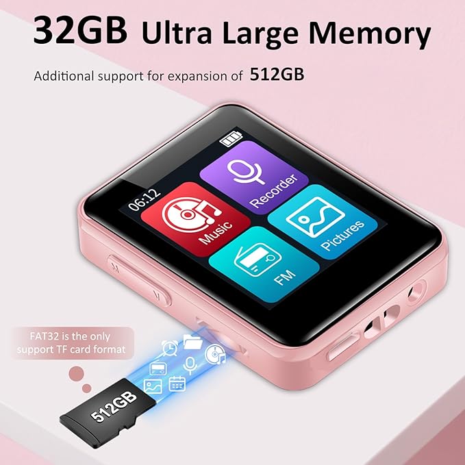 MP3 Player with Bluetooth, 32GB Portable Bluetooth MP3 Player for Kids, 1.8 inch Music Player with Speaker, FM Radio, Voice Recorder, Supports Expanded Up to 512GB(Pink)