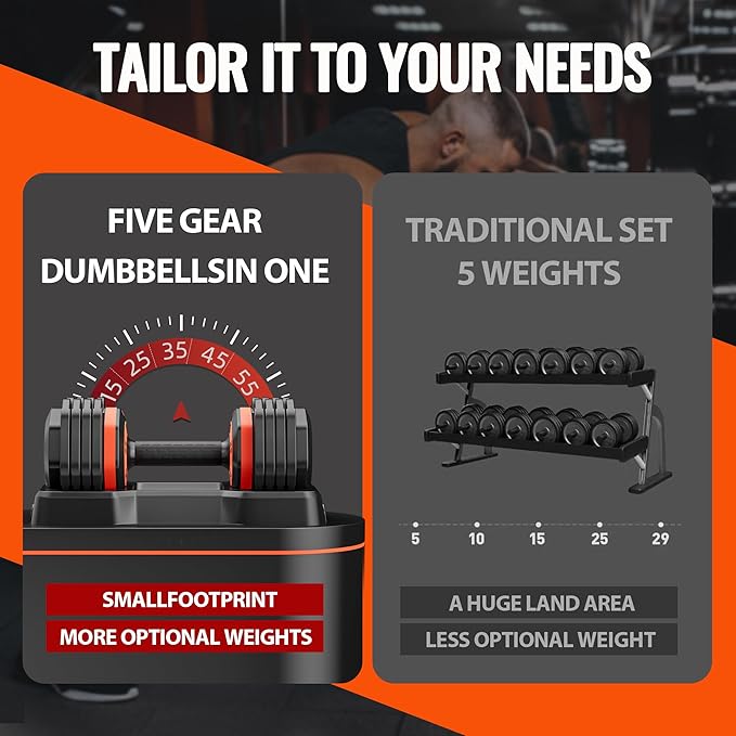 VEICK 25/55 lbs Adjustable Dumbbell with Anti-Slip Turning Handle, Fast Adjust Weight for Men Women, Exercise Equipment with Tray for Home Gym Full Body Workout Fitness