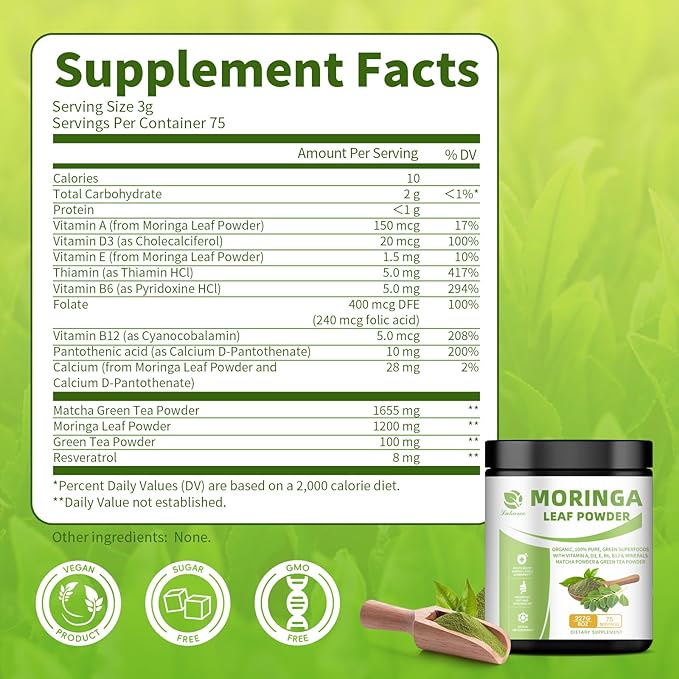 Organic Moringa Powder & Matcha Powder, Multi-Green Superfoods with Green Tea Resveratrol - Energy and Digestive Support, Rich in Antioxidants and Vitamin A D3 E B6 B12 Calcium, Non-GMO, Vegan, 8 oz