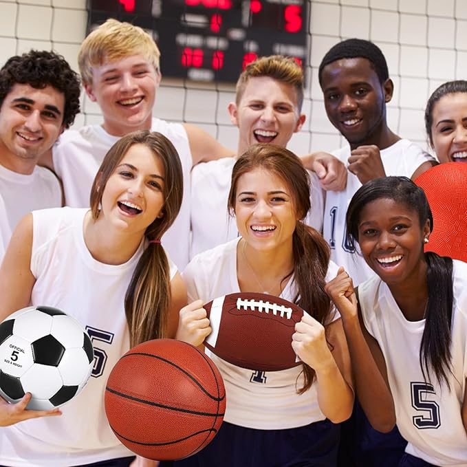 Deekin 8 Pcs Sports Balls Set for Kids Adult Assorted Football Basketball Soccer Playground Balls Official Size with Bags Pumps Outdoor Sports Equipment Athletic Gift Back to School