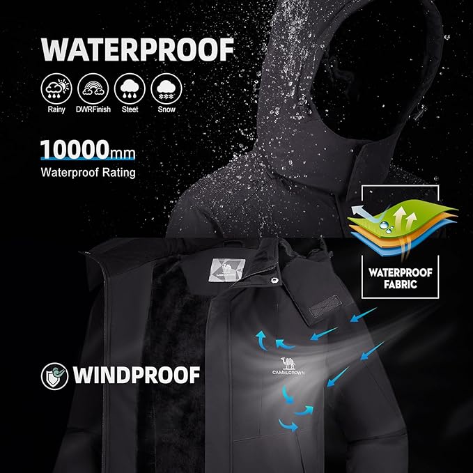 CAMEL CROWN Men's Winter Coat Waterproof Ski Jacket Fleece Lined Windproof Raincoat for Snow Outdoor Hiking Mountain