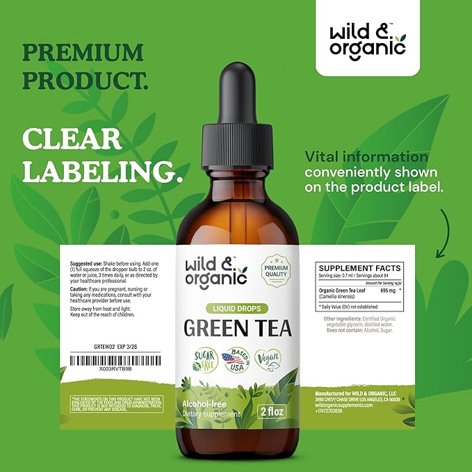 Wild & Organic Green Tea Extract Liquid Drops - Antioxidant Supplement - Natural Green Tea Supplements w/Camelia Sinensis - Vegan, Sugar & Alcohol-Free Tincture - 2 fl oz