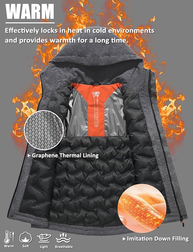 Men's Winter Jacket Waterproof Ski Snow Coat Windproof Snowboard Hooded Raincoats with Warm Graphene lining