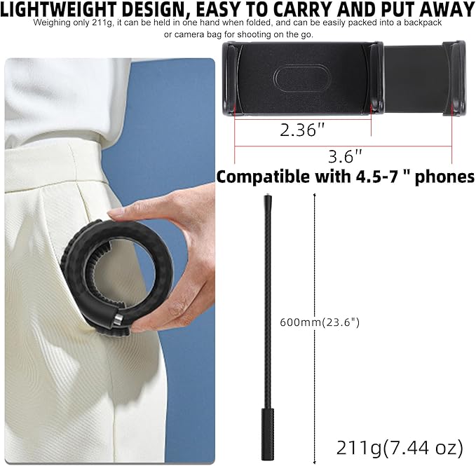 Portable Flexible Phone Holder with Handle for Treadmill, Spin Bike, Stroller, Tripod, Shopping Cart, Desk, Logitech Webcam, 23.6" / 60cm Long Arm Gooseneck Phone Mount for 4.7”- 7" Cell Phones