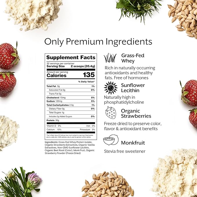 Promix Whey Protein Isolate Powder, 31g Grass Fed Whey Isolate, 6.6g BCAAs, Gluten Free, Keto Friendly, Strawberry Milk, 2.5lb