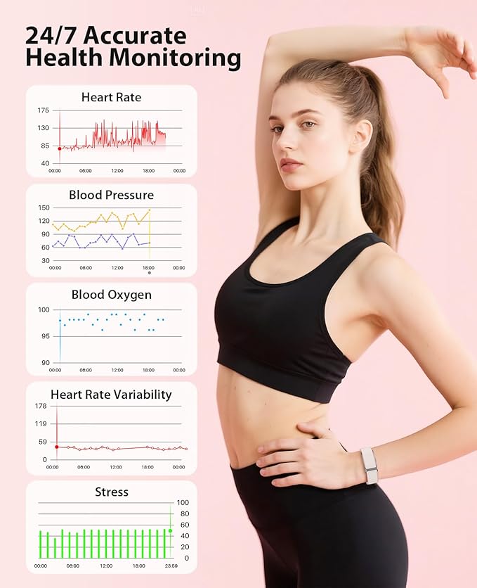 Smart Bracelet, Wearable Activity & Fitness Tracker Band, 24H Sleep Tracker, All-Day Continuous Heart Rate Blood Pressure Stress HRV Monitor, 170+ Sport Modes Smart Wristband with 2 Bands, Free APP