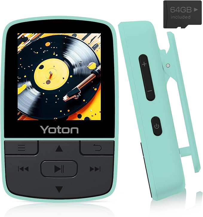 YOTON MP3 Player with Bluetooth 5.2, 64GB Storage, Mini Size, HiFi Music, with Sports Clip, Independent Volume Control, FM Radio, Includes Headphones (Green)