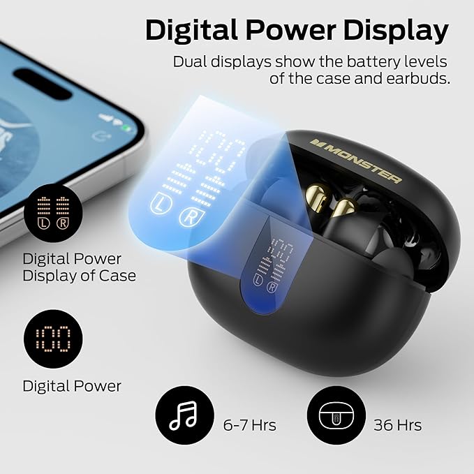 Monster N-Lite 211 Wireless Earbuds, Bluetooth 6.0 Stereo Headphones with Noise-Cancelling Mic and LED Display, Built-in Mic for Clear Calls, Waterproof Design for Sports