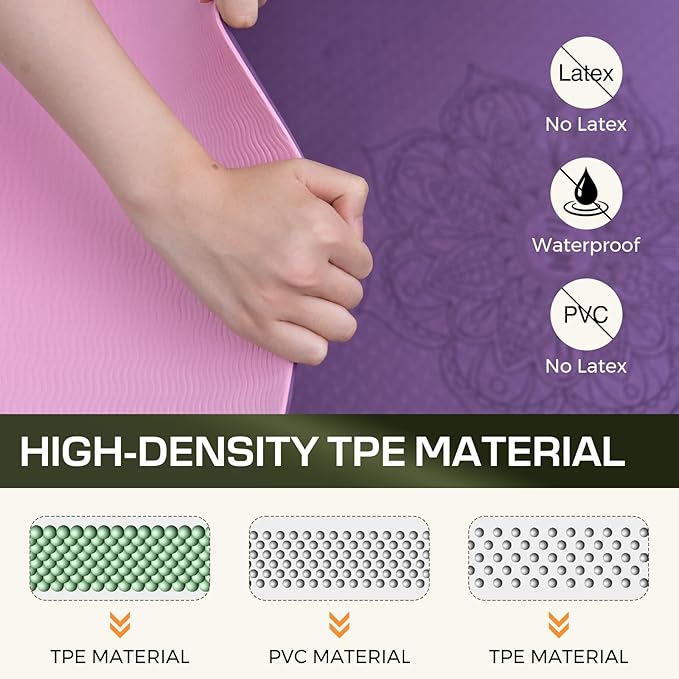 Yoga Mat Non Slip, Anti-Tear 3/16 Thick TPE Yoga Mats for Women and Men, 72"x24" Exercise & Fitness Mat with Carrying Strap, Workout Mats for Yoga, Pilates and Floor Exercise