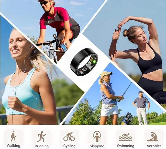 Smart Wellness Ring, Stylish Fitness Tracker with Heart Rate, Blood Oxygen, Blood Pressure, Sleep & Step Monitor. IP68 Waterproof, No Subscription, iOS & Android Compatible (Black, 8)