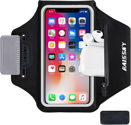 Running Armband with Earphone Bag Cell Phone Armband for iPhone 16/15/14/13/12 Pro, Galaxy S21/S20, Water Resistant Sports Phone Holder & Zipper Slot Car Key Holder for 6.4 inch Phone