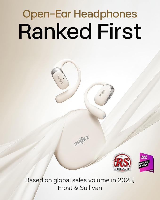 SHOKZ New OpenFit 2 Open-Ear Headphones, True Wireless Bluetooth Earphones with Microphone, Earhook Earbuds with 48 Hours of Playtime, Fast Charging, IP55 Water-Resistant, with Carrying Bag, Beige