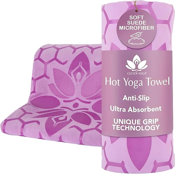 Clever Yoga Non-Slip Hot Yoga Towel – Non-Slip Grip for Hot Yoga, Sweat Absorbent, Honeycomb Silicone Grip, Stays Flat – Ideal for Pilates, Travel, Washable & Lightweight - Lilac