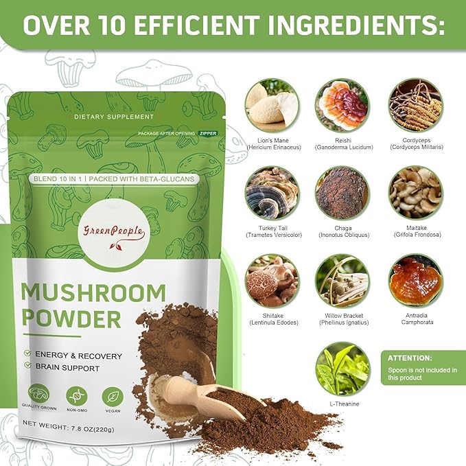 Mushroom Powder Mushroom Supplement - 10-in-1 Mushrooms Lions Mane Powder with Reishi/Cordyceps/Chaga/Turkey Tail/Maitake/Complex for Cognitive Function & Immune Support 78 Servings 2PCAKS