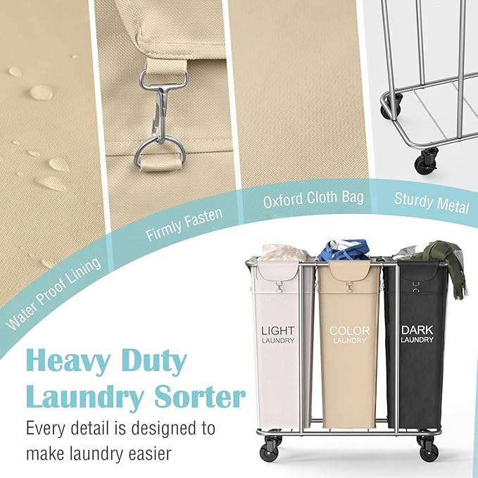 PLKOW Laundry Sorter 3 Section, 220L Large Laundry Cart with Wheels 3 Hamper Laundry Sorter with Steel Frame and Removable Bag, Rolling Laundry Cart for Home, Laundry Room, Hotel, 6 Bushel