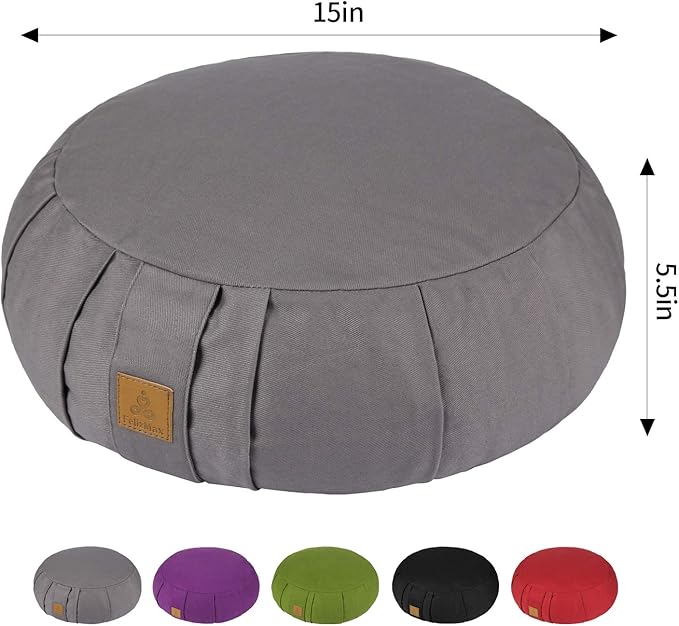 Round Zafu Meditation Cushion, D=15" H=5.5" Zabuton Meditation Pillow, Yoga Bolster/Pillow, Floor seat, Zippered Organic Cotton Cover, Natural Buckwheat, Kneeling Pillow