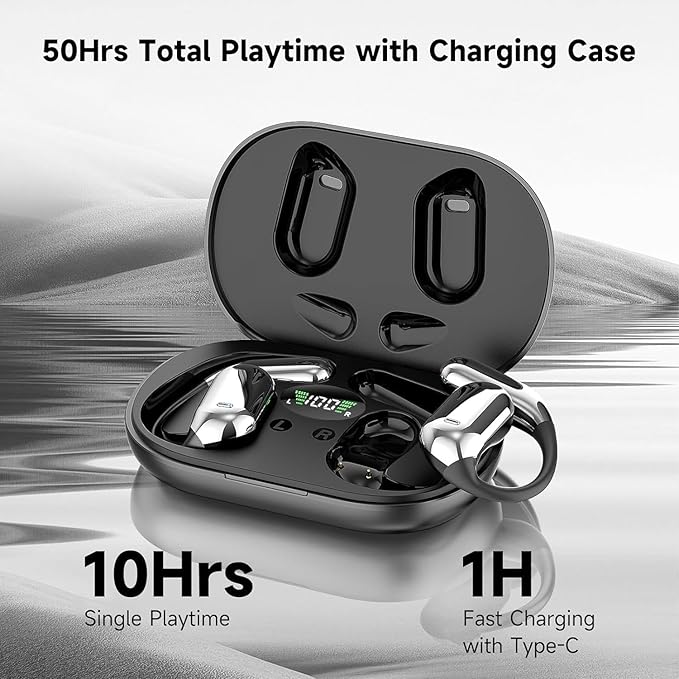 Open Ear Clip Wireless Earbuds Bone Conduction Headphones, Bluetooth 5.4, Open Ear Design for Running Fitness,office,Built-in Mic, IPX7 Waterproof, LED Display Charging Case,Ear Hooks Ear Buds