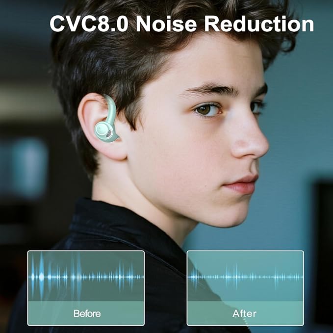 Wireless Earbuds Bluetooth 5.3 Headphones Sports, 48Hrs Playtime Bluetooth Earbuds with CVC 8.0 Mic, Stereo Bass Over Ear Bud with Earhooks, LED Display, IP7 Waterproof Earphon for Running Misty Blue