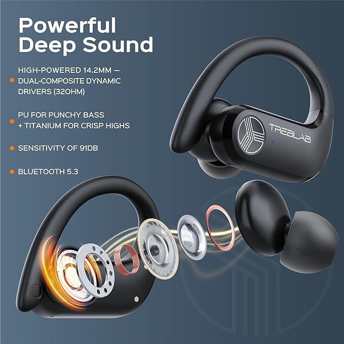 TREBLAB X3 Pro - Ultra Comfortable Earhooks, Pure-HD Sound, Punchy Bass, 145H Battery, Waterproof & Sweatproof Bluetooth Earbuds, Mics for Calls, True Wireless Ear Buds for Sports Workout Running