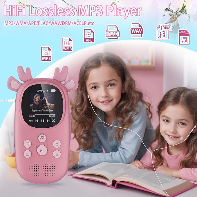 32GB MP3 Players for Kids, Cute Reindeer Portable Music Bluetooth Kid MP3 Player, Child MP3 Player with Bluetooth 5.3,Speaker, FM Radio, Alarm Clock, Voice Recorder, Stopwatch (Support up to 128GB)