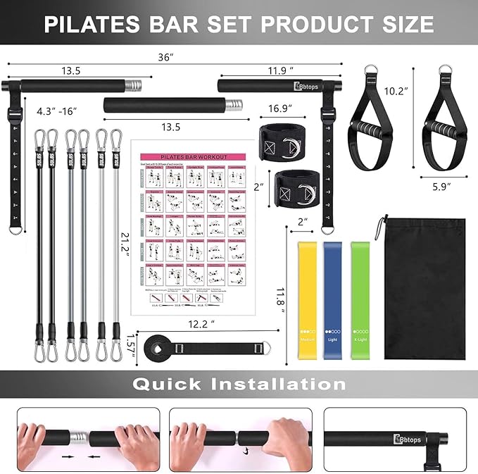 Pilates Bar Kit with Resistance Bands,Pilates Bar with Stackable Bands Workout Equipment for Legs,Hip,Waist and Arm,Exercise Fitness Equipment for Women & Men Home Gym Yoga Pilates