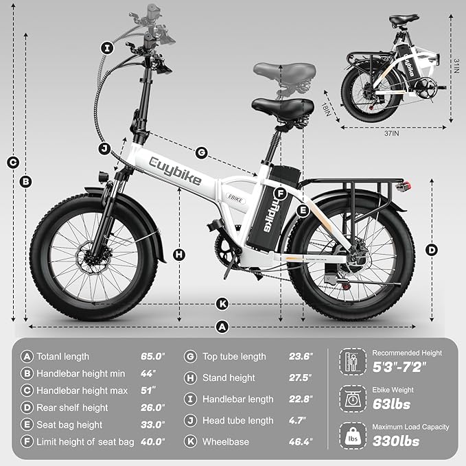 Foldable Electric Bike for Adults, 30+MPH, 48V 20Ah Removable Lithium Battery up to 80Miles, 20" Fat Tire 1000W Peak Motor Dirt Ebike Adult Electric Bicycle for Commute Beach Mountain E Bike