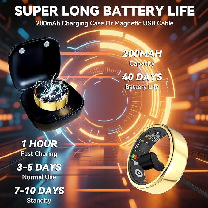 Smart Ring for Men Women with Black Charging Box, Bluetooth, Health Ring , IP68 Waterproof, Fitness Ring Tracks Heart Rate/Sleep/Steps/Sports Activities/Blood Oxygen,non-subscription app (Gold, 13)