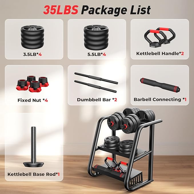Adjustable dumbbell set,20/35/45/55/70/90lbs Free Weights set with upgraded nut, 4 in 1 Weight Set Used as Kettlebells, Barbell, Push up Stand, Fitness Exercise for Home Gym Suitable Men/Women