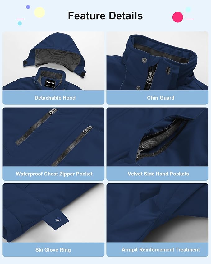 Pursky Boy's Waterproof Ski Jacket Kids Winter Snow Coats Fleece Raincoats Parka