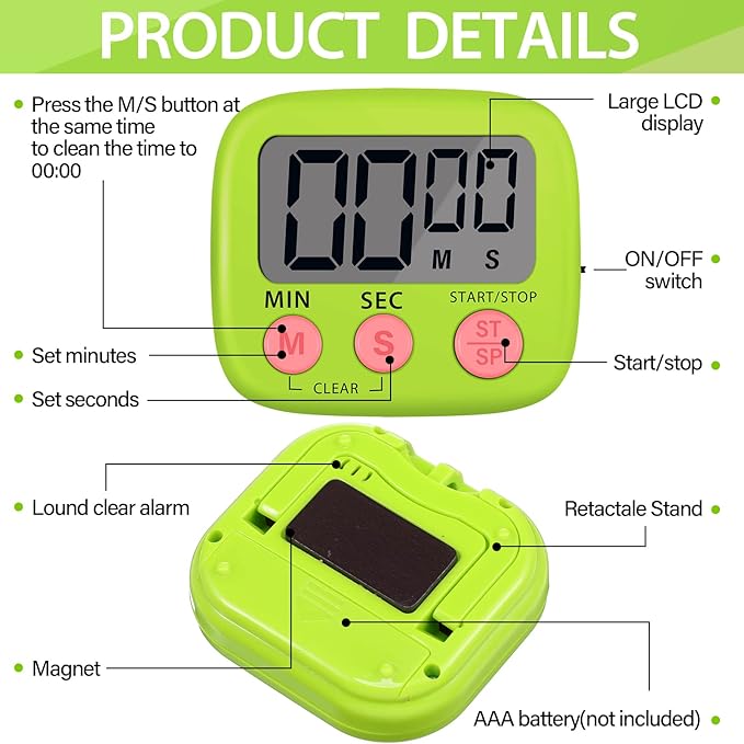Weewooday 24 Pcs Digital Kitchen Timer Magnetic Timer Bulk On/Off Switch Minute Second Count up Countdown Loud Alarm for Exercise Cook Baking(Blue, Green)