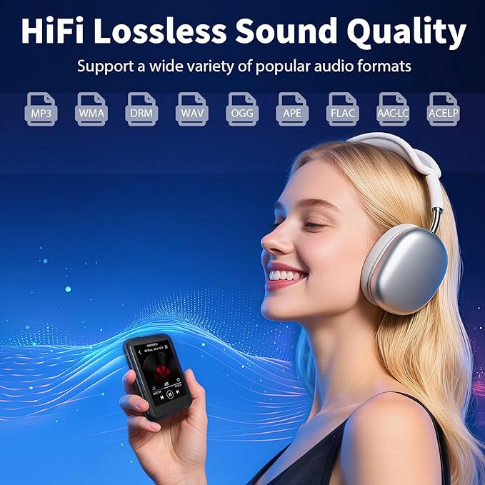 64GB MP3 Player with Bluetooth 5.3, QNGEE 2.4 inch Full Touchscreen Music MP3 for Kids, FM Radio, Voice Recorder, HiFi Sound, E-Book, Earphones Included