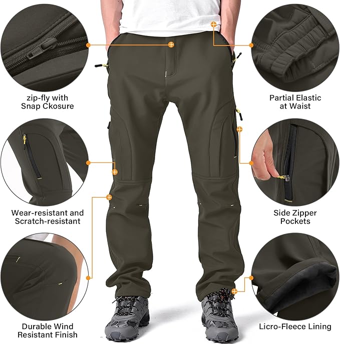 Toomett Men's hiking Snow Pants Skiing Winter Insulated Fleece lined Outdoor Water Repellent camping,walking,fishing