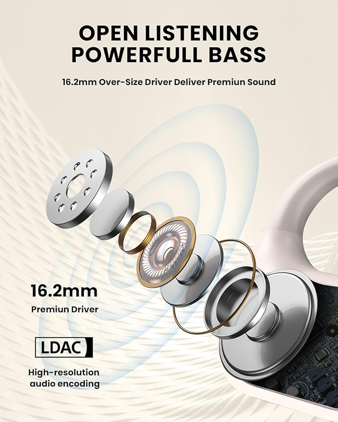 Open Ear Headphones,Wireless Bluetooth 5.3 Air Conduction Open Earbuds,Comfort & Secure Fit ,Powerful Bass,Clear Calls,30H Playback,Light Weight Sports Headsets with Ear-Hook for Workout,Running,Beige