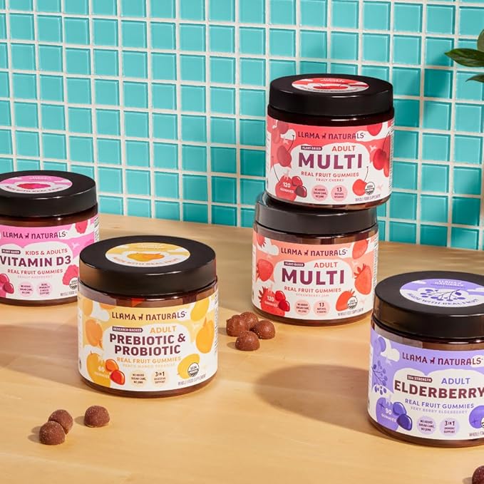 Llama Naturals Multivitamin for Women and Men, Vegan, Organic Gummies with Vitamin D, C and K, Adults Real Fruit Gummy Vitamins, Chewable Multivitamin Supplement, No Added Sugar Cane, Cherry, 120 Ct