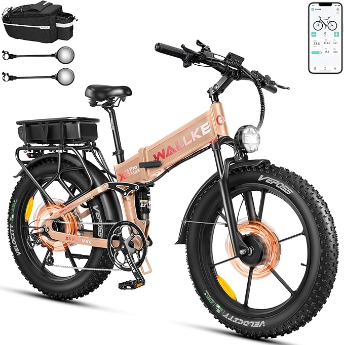 W Wallke 2025 X3 ProMax MAX Folding Dual Motor Electric Bike, 48V 44Ah/22Ah Long Range Adults Ebike, 26" Fat Tire All Terrian Full Suspension 31-34 MPH Fast E-Bike, 7-Speed Mountain e Bicycle, UL2849